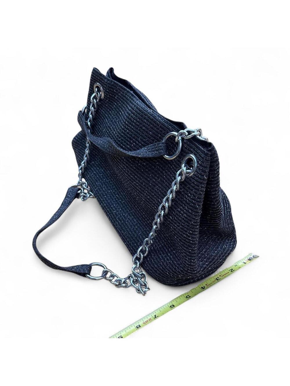 Black Woven Paper Straw Convertible Chain Shoulder Bag Crossbody